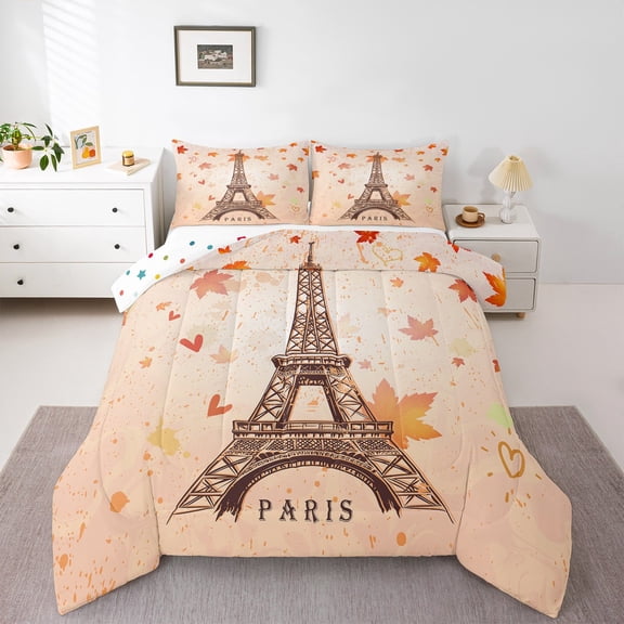 Castle Fairy Romantic Eiffel Tower Twin Comforter Sets,Autumn Maple Leaves Bedding Set