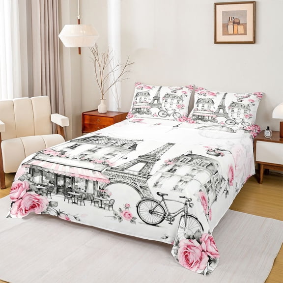 Castle Fairy Romantic Eiffel Tower Twin Sheet Sets 3pcs for Boys Girls,Happy Valentine's Day Twin Fitted Sheet Microfiber,Chic Floral Flower Rose Breathable Flat Sheet,Luxury Bedroom Decor