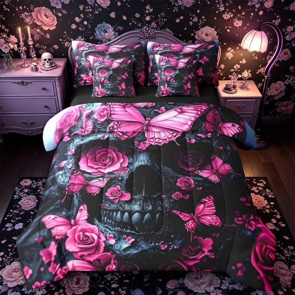 Castle Fairy Romantic Floral Gothic Skull Queen Bedding 7pcs,Flying Butterfly Bedding Comforter Set Queen,Magenta Black,Black Reversible