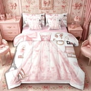 Castle Fairy Romantic Floral Lace Gown King Bedding 7pcs,Elegant Bow Cosmetic Set King Bed in a Bag,Pink White,Pink Reversible