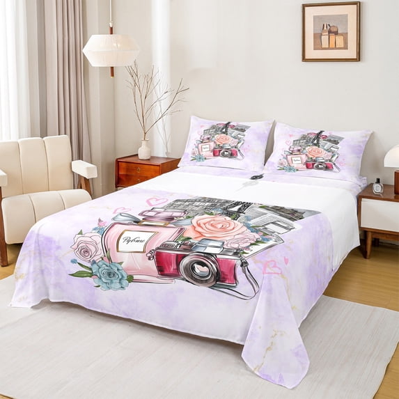 Castle Fairy Romantic Floral Rose 4 Pieces Queen Sheet Sets for Kids Teens,Paris Eiffel Tower Ultra Soft Flat Sheet,Purple Marbling Watercolor Queen Fitted Sheet,Breathable Home Decor