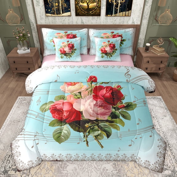 Castle Fairy Romantic Floral Rose Bedding Comforter Set 7-Piece for Teenagers,Musical Note Melody King Bedding Sets,Retro Vintage Aesthetic Ultra Soft Bed Sheets,Luxury Bedroom Decor,Reversible