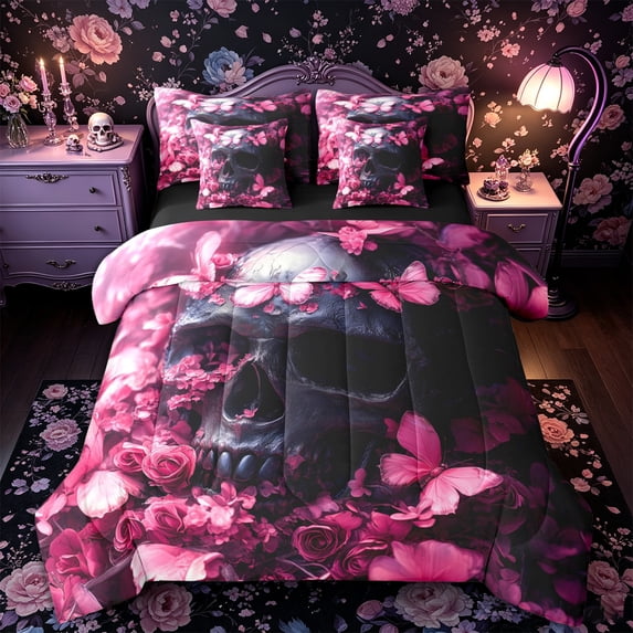 Castle Fairy Romantic Gothic Skull Queen Bedding 7pcs,Dark Skeleton Pink Blossom Butterfly Art Bedding Comforter Set Queen,Pink Black,Black Reversible