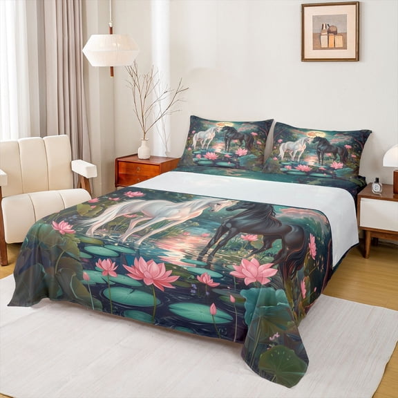 Castle Fairy Romantic Horse Couple Full Size Sheets,Happy Valentine's Day Bed Sheets