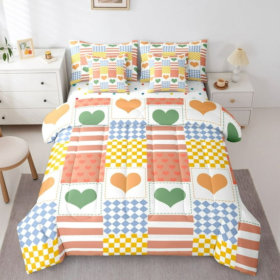 Castle Fairy Romantic Love Heart Bedding Comforter Set 7-Piece for Female Men,Happy Valentine's Day King Bedding Sets,Geometric Plaid Stripes Ultra Soft Bed Sheets,Super Cozy Room Decor,Reversible