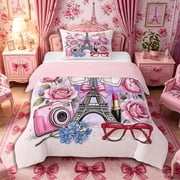 Castle Fairy Romantic Paris Eiffel Tower Twin Comforter Sets 2pcs,Pink Bow Rose Bedding Set,White,Pink Reversible,1 Comforter and 1 Pillowcase