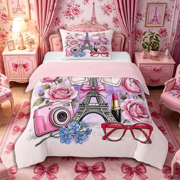 Castle Fairy Romantic Paris Eiffel Tower Twin Comforter Sets 2pcs,Pink Bow Rose Bedding Set,White,Pink Reversible,1 Comforter and 1 Pillowcase