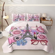 Castle Fairy Romantic Paris Eiffel Tower Twin Quilt Set,Pink Bow Rose Twin Coverlet Set,White