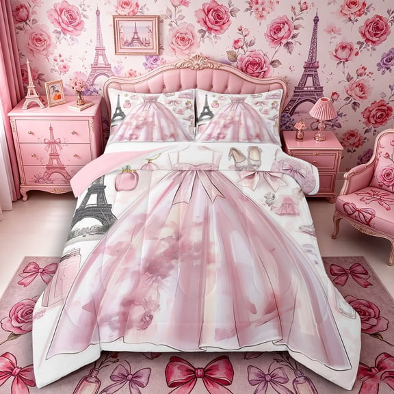 Castle Fairy Romantic Parisian Lace Gown Full Size Comforter Sets 3-Piece,Elegant Eiffel Tower Jewelry Bedding Comforter Set,Pink White,Pink Reversible,1 Comforter and 2 Pillowcases