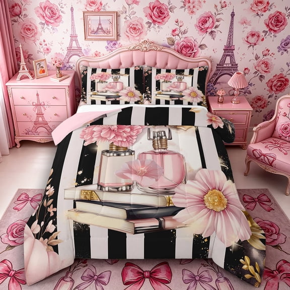Castle Fairy Romantic Pink Peony Perfume Pattern King Size Comforter Sets 3pcs,Luxury Floral Vintage Stripes Comforters King Size,Pink Reversible,1 Comforter and 2 Pillowcases