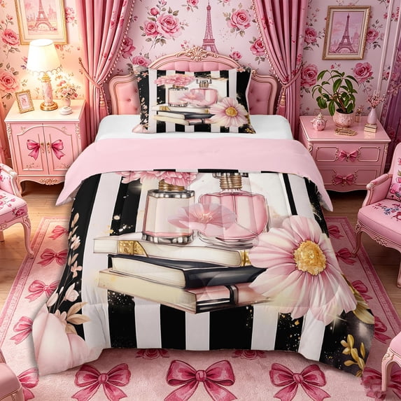 Castle Fairy Romantic Pink Peony Perfume Pattern Twin Comforter Sets 2pcs,Luxury Floral Vintage Stripes Bedding Set,Black White Pink Gold,Pink Reversible,1 Comforter and 1 Pillowcase