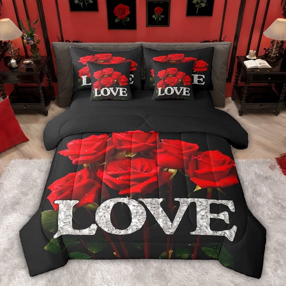 Castle Fairy Romantic Rose Bedding Comforter Set,Black Red King Bedding Sets