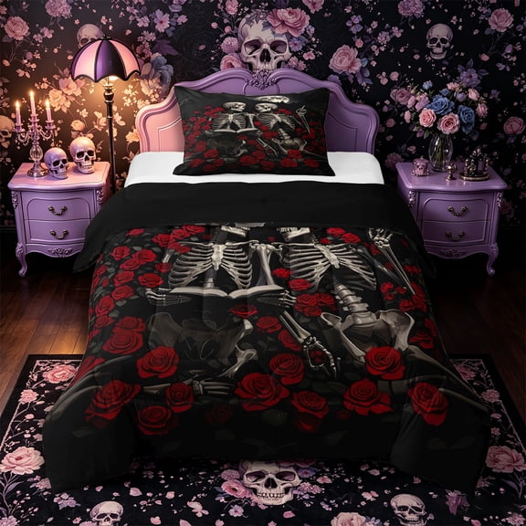 Castle Fairy Romantic Rose Skeleton Couple Twin Comforter Sets 2pcs,Halloween Valentine'S Day Bedding Set,Red White Black,1 Comforter and 1 Pillowcase,Black Reversible