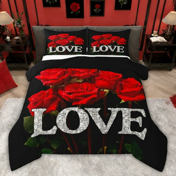 Castle Fairy Romantic Rose Twin Comforter Sets,Black Red Bedding Set