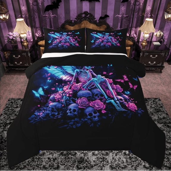 Castle Fairy Romantic Skull Skeleton Twin Comforter Sets,Flying Butterflies Bedding Set