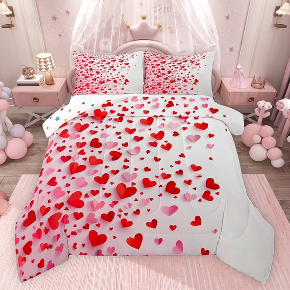 Castle Fairy Romantic Stripes Love Heart Bedding Comforter Set 2pcs for Kids Teens Adults,Valentine's Day Festival Twin Comforter Sets Microfiber,Red White Breathable Bedding Set