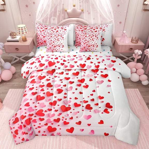 Castle Fairy Romantic Stripes Love Heart Twin Bedding Sets 7-Piece for Kids Teens Adults,Valentine's Day Festival Bedding Comforter Set Microfiber,Red White Breathable Sheet Sets
