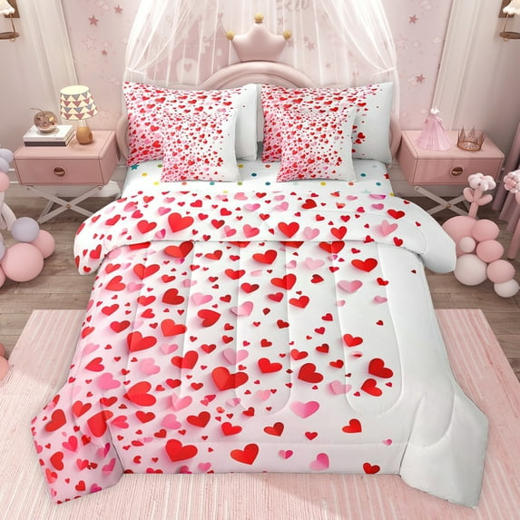 Castle Fairy Romantic Stripes Love Heart Twin Bedding Sets 7-Piece for Kids Teens Adults,Valentine's Day Festival Bedding Comforter Set Microfiber,Red White Breathable Sheet Sets