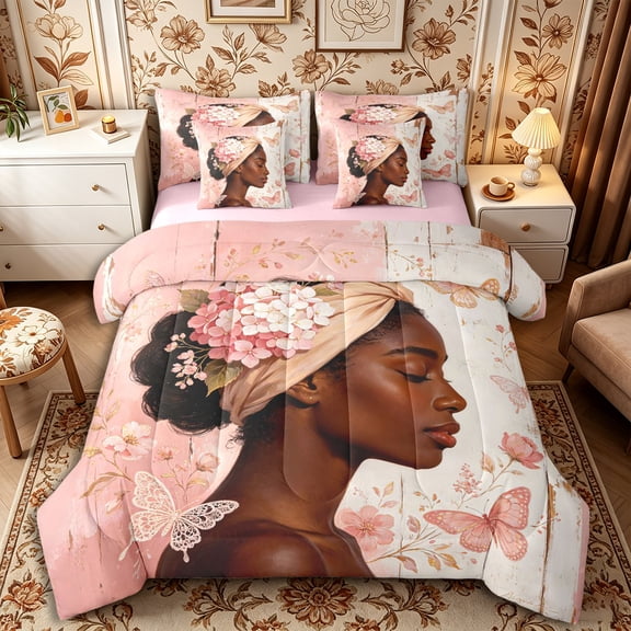 Castle Fairy Romantic Woman With Hydrangea Headwrap Full Size Bedding Sets 7 Pieces,Delicate Butterfly Floral Art Full Size Bed in a Bag,Pink White Gold,Pink Reversible