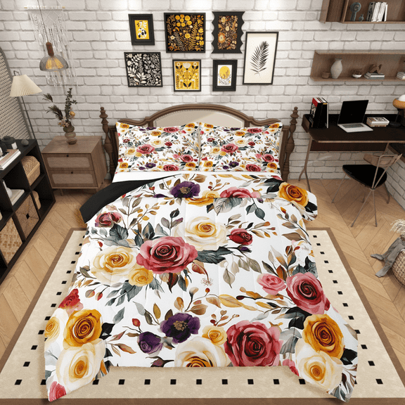 Castle Fairy Rose Flower 2pcs Bedding Comforter Set,Botanical Plants Twin Comforter Sets,Spring Garden Breathable Bedding Set,Ultra Soft Floral Home Decor,Reversible