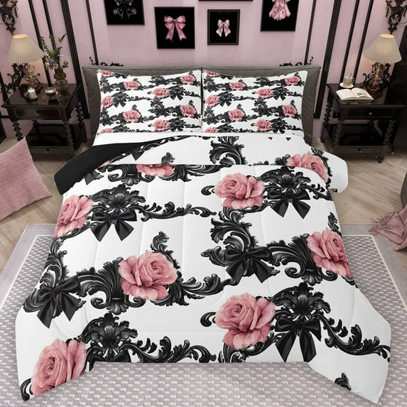 Castle Fairy 3-Piece Queen Size Comforter Set, Rose Bow Romantic Floral Bedding