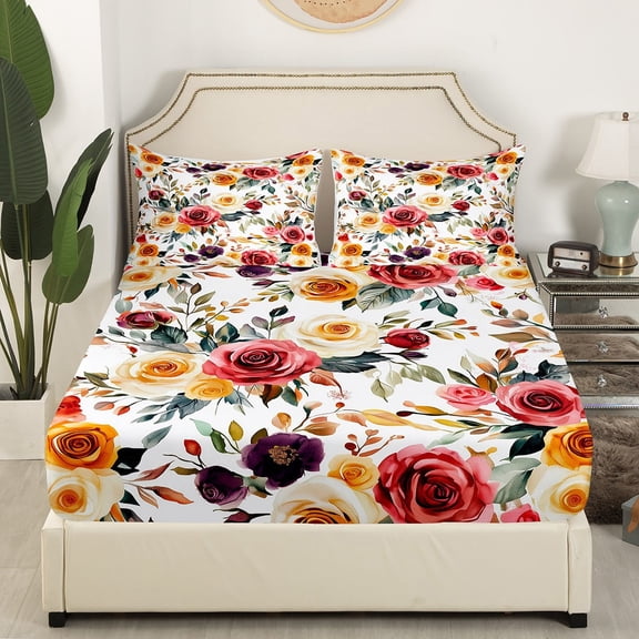 Castle Fairy Rose Flower 3pcs Twin Sheet Sets,Botanical Plants Twin Fitted Sheet,Spring Garden Breathable Flat Sheet,Ultra Soft Floral Home Decor