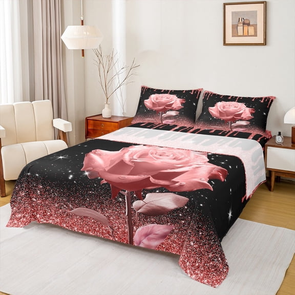 Castle Fairy Rose Glitter 4pcs Bed Sheets,Pink Sequin King Sheets,Chic Flower Super Cozy Sheet Set,Lightweight Sparkling Room Decor