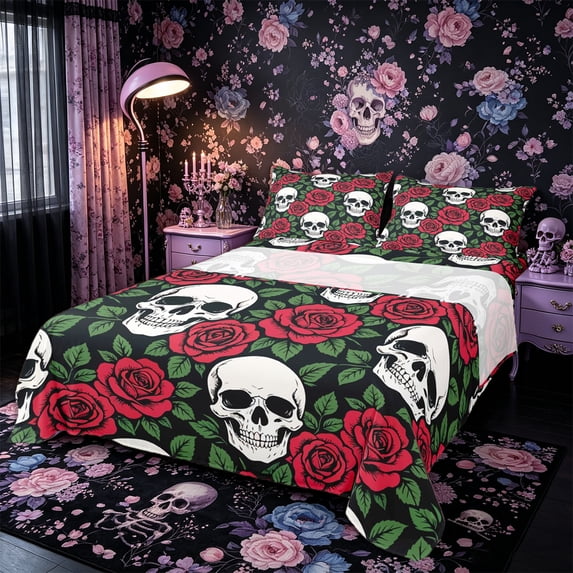 Castle Fairy Rose Gothic Skull Queen Sheets 4 Pieces,Halloween Floral Leaves Queen Sheet Sets,Ivory Red Black,1 Fitted Sheet,1 Flat Sheet and 2 Pillowcases
