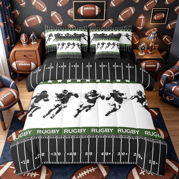 Castle Fairy Rugby Print Queen Bedding 7pcs, Sport Football Bedding Comforter Set Queen, Black White Green,Black Reversible