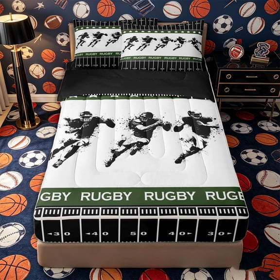 Castle Fairy Rugby Print Zipper Full Size Comforter Sets with Fitted Sheet and 2 Pillowcases, Sport Football Zipper Bedding Set, Black White Green,4pcs,Black Reversible