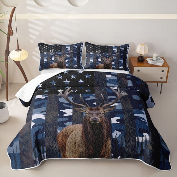 Castle Fairy Rustic American Flag Elk Deer Quilt King,Abstract Camo Animal King Coverlet Set,Navy Brown White