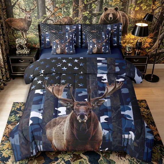 Castle Fairy Rustic American Flag Moose 7-Piece Twin Bedding,Jungle Wildlife Deer Camouflage Bedding Comforter Set,Navy Brown White,Navy Blue Reversible