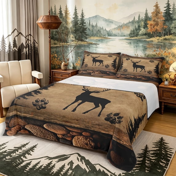 Castle Fairy Rustic Animal Deer King Sheets 4pcs,Wildlife Bear Paw Bedding,Taupe Black Brown,1 Fitted Sheet, 1 Flat Sheet and 2 Pillowcases