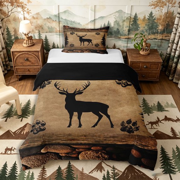Castle Fairy Rustic Animal Deer Twin Duvet Cover,Wildlife Bear Paw Twin Bedding,Taupe Black Brown,Black Reversible,2pcs,No Comforter,1 Duvet Cover and 1 Pillowcase
