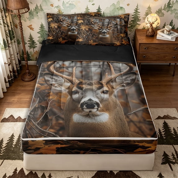 Castle Fairy Rustic Animal Deer Zipper Twin Comforter Sets with Fitted Sheet and 2 Pillowcases,Fall Leaves Zipper Bedding Set,Brown Gray Orange,Black Reversible,4-Piece