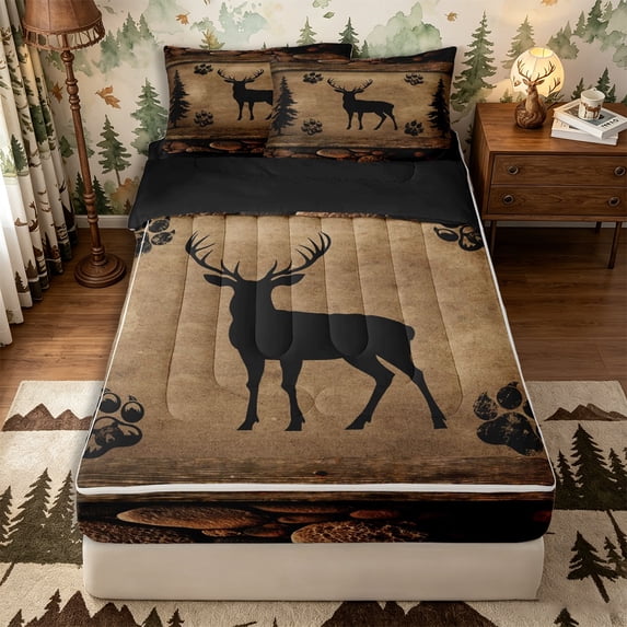 Castle Fairy Rustic Animal Deer Zipper Twin Comforter Sets with Fitted Sheet and 2 Pillowcases,Wildlife Bear Paw Zipper Bedding Set,Taupe Black Brown,Black Reversible,4-Piece