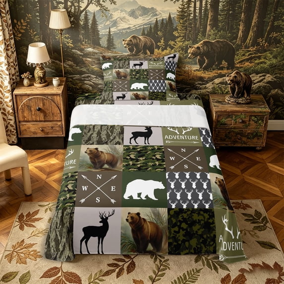 Castle Fairy Rustic Bear Deer Twin Sheets 3pcs,Vintage Camo Animal Bedding,Olive Tan Cream,1 Fitted Sheet, 1 Flat Sheet and 1 Pillowcase