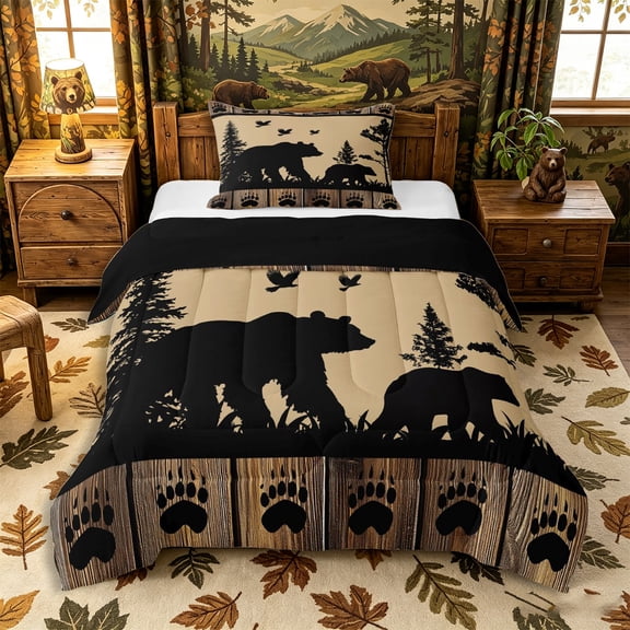 Castle Fairy Rustic Bear Twin Comforter Sets 2pcs,Retro Cabin Animal Bedding Set,Tan Brown Black,Black Reversible,1 Comforter and 1 Pillowcase