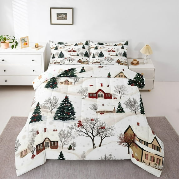 Castle Fairy Rustic Cabin 3-Piece Full Bedding Set: Teens’ Christmas Tree New Year Breathable