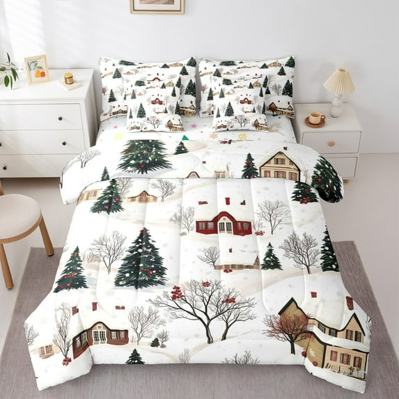 Castle Fairy Rustic Cabin 7pcs Bedding Comforter Set for Teens,Christmas Tree Queen Bedding Sets Super Cozy,Happy New Year Queen Sheet Sets,Breathable Home Decor
