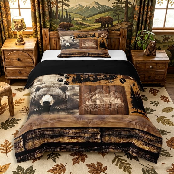 Castle Fairy Rustic Cabin Jungle Bear Twin Comforter Sets 2pcs,Vintage Woodalnd Wildlife Bedding Set,Sepia Brown,Black Reversible,1 Comforter and 1 Pillowcase