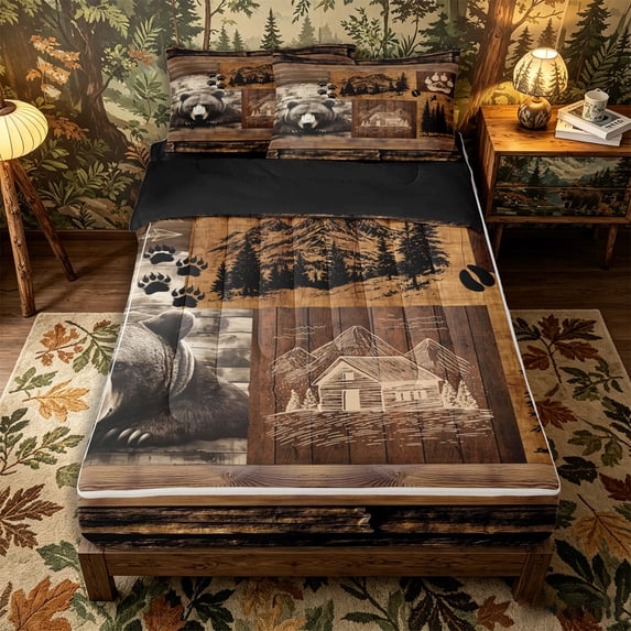 Castle Fairy Rustic Cabin Jungle Bear Zipper Full Size Comforter Sets with Fitted Sheet and 2 Pillowcases,Vintage Woodalnd Wildlife Zipper Bedding Set,Sepia Brown,Black Reversible,4pcs