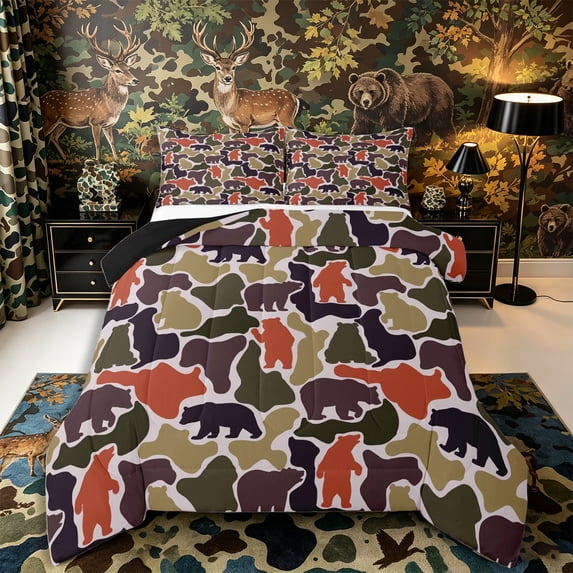 Castle Fairy Rustic Camo Bear Queen Comforter Set 3 Pieces,Mixed Bear Silhouette Comforter Sets Queen,Rust Red Taupe Cream,Black Reversible,1 Comforter and 2 Pillowcases
