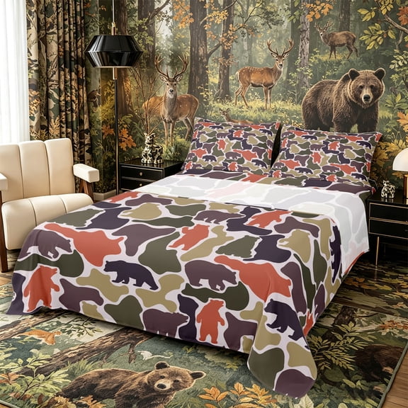 Castle Fairy Rustic Camo Bear Queen Size Sheets 4 Pieces,Mixed Bear Silhouette Queen Sheet Sets,Rust Red Taupe Cream,1 Fitted Sheet, 1 Flat Sheet and 2 Pillowcases