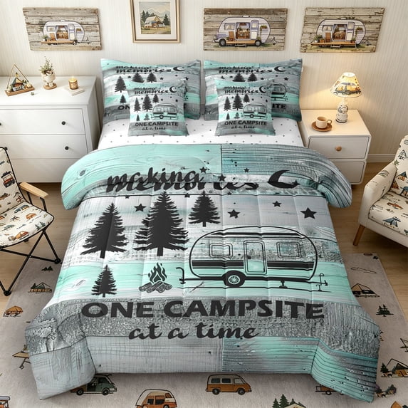 Castle Fairy Rustic Camping Quote Bedding Comforter Set 7-Piece for Adults, Camper Silhouette King Bedding Sets for Nursery, Teal Gray