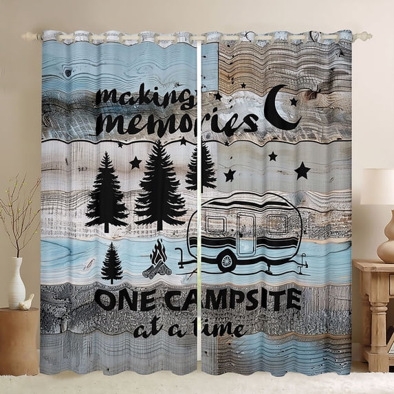 Castle Fairy Rustic Camping Quote Black Out Curtains for Campers, Retro Camper Print Curtains Pack of 2 (42x63 Each) for Bedroom, Blue Gray