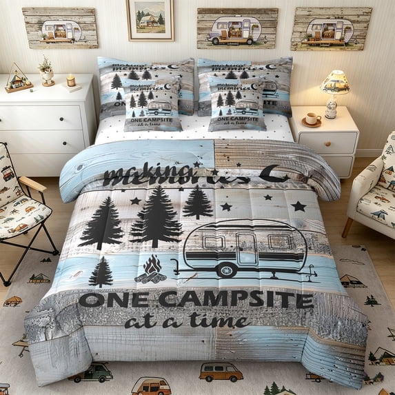 Castle Fairy Rustic Camping Quote Twin Bedding Sets 7-Piece for Campers, Retro Camper Print Bedding Comforter Set for Bedroom, Blue Gray
