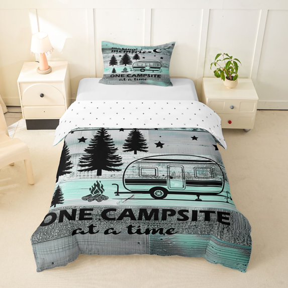 Castle Fairy Rustic Camping Quote Twin Bedding for Adults, Camper Silhouette Duvet Cover Set for Nursery, Teal Gray,2pcs,No Comforter