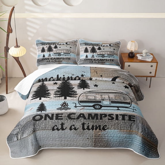 Castle Fairy Rustic Camping Quote Twin Quilt Set,Retro Camper Print Twin Coverlet Set for Bedroom,Blue Gray