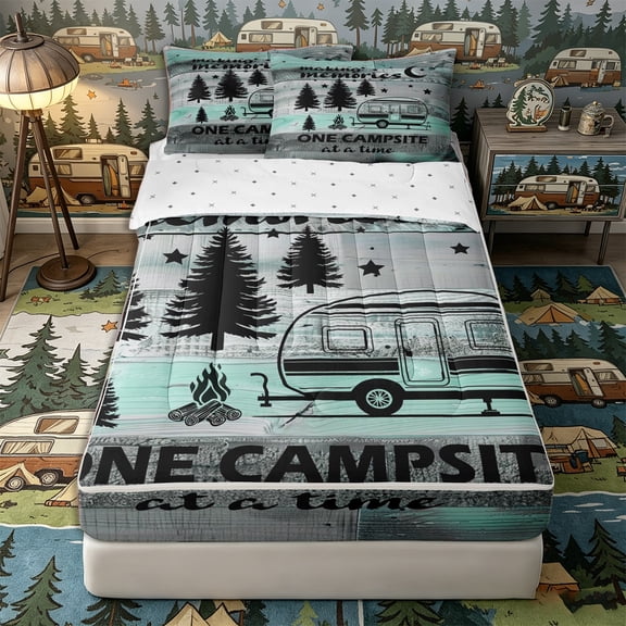 Castle Fairy Rustic Camping Quote Zipper Full Size Comforter Sets with Fitted Sheet and 2 Pillowcases,Camper Silhouette Zipper Bedding Set,Teal Gray,4pcs,Reversible
